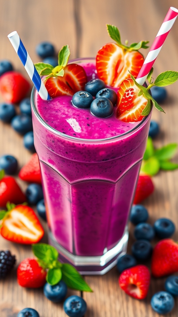 A refreshing berry smoothie in a glass, garnished with strawberries and blueberries on a wooden table.